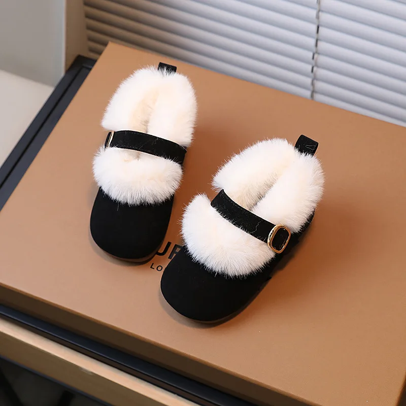 Kids Padded Warm Shoes Witner Children\'s Fur Flats Girls Fluffy Outdoor Cotton Casual Shoes Boys Faux Fur Boots 2-7 Years Old