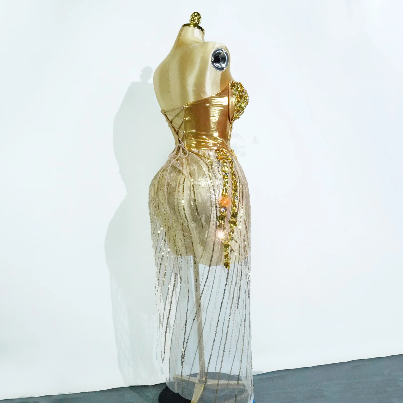 Ekskluzywne Złote Sukienki Seksowne Zestawy Top i Spódnica Siateczka Cekiny Kryształ Ślub Urodziny Impreza Klub Drag Queen Kostiumy Występ Sceniczny