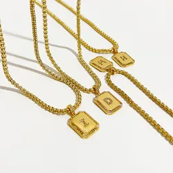 Peri'sBox Classic 26 Letters Square Coin Pendant Necklace Female Inlay Zircon Initial Necklace Pendants Layered Collier Alphabet