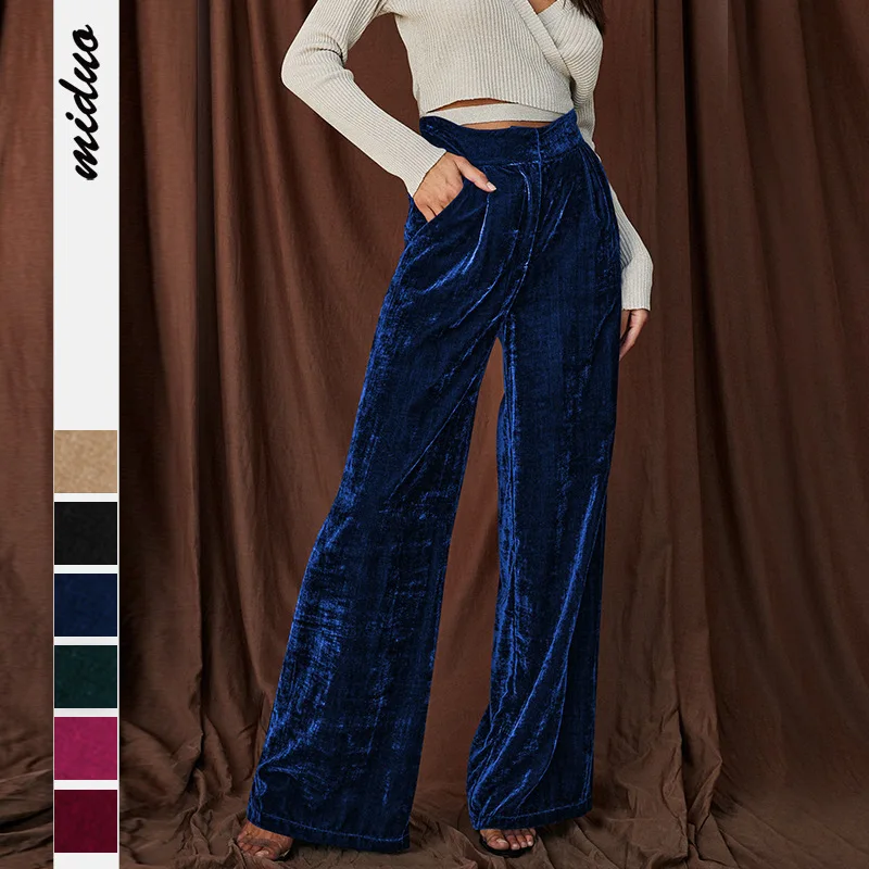 

2024 French Style Commuting Pants Women Golden Velvet Draped Wide Leg Pants Loose Casual Ensemble Pantalon Femme Chic Gothic Y2k