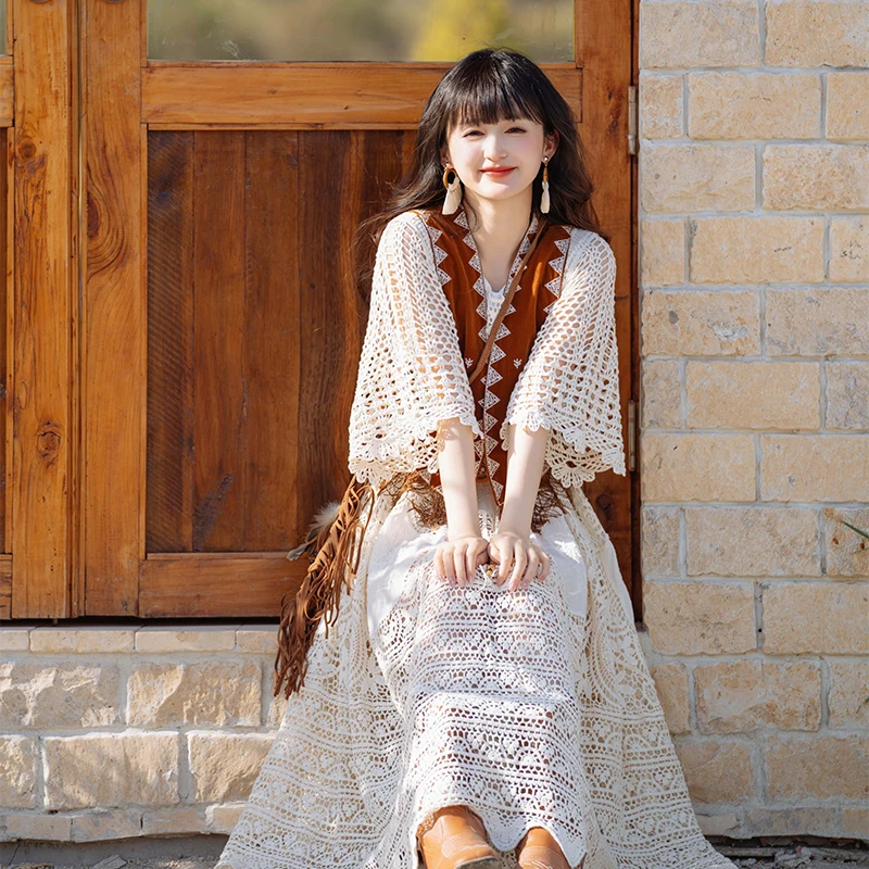 Gilet long amincissant pour femme, en maille ajourée à motif floral crocheté, coupe ample, en polyester, pour le printemps et l'automne...