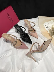 Women Heeled Sandals Summer Luxury Brand Rivets Slingbacks Slippers Fashion Pointed Toe Leather Stiletto Heels Prom Party Shoes
