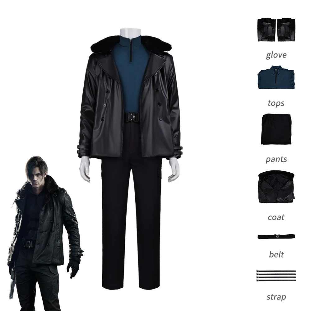 

Resident Evil 9 Leon Cosplay Costume Game RE9 Leon Jacket Outfit Uniform Men's Leather Coat Halloween Carnival Party Props