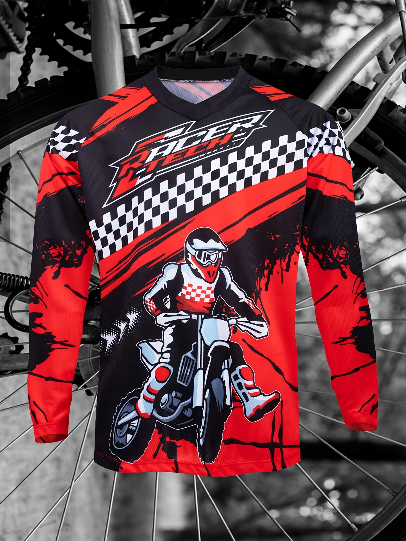Men Motocross Rider Checkered Flag Print Long Sleeve MTB Jersey Breathable Quick Dry Outdoor Riding Tee Family Matching Tops