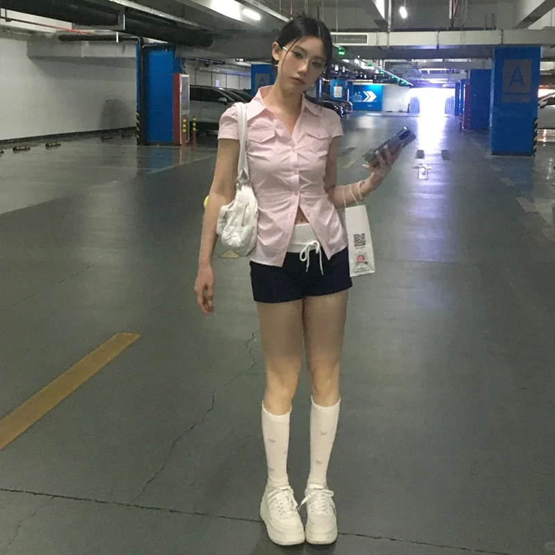 Japanese Y2k Pink Shirts Women Short Sleeve Slim Casual Shirt Chic Streetwear Fairycore Tops E-girls Vintage Blouse Korean 2025 - Detail 1