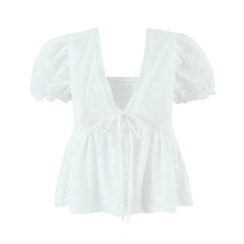 

Sweet Girl Hollow Out Embroidery White Blouse Women Lace Trim Short Puff Sleeve V Neck Casual Holiday Summer Tops