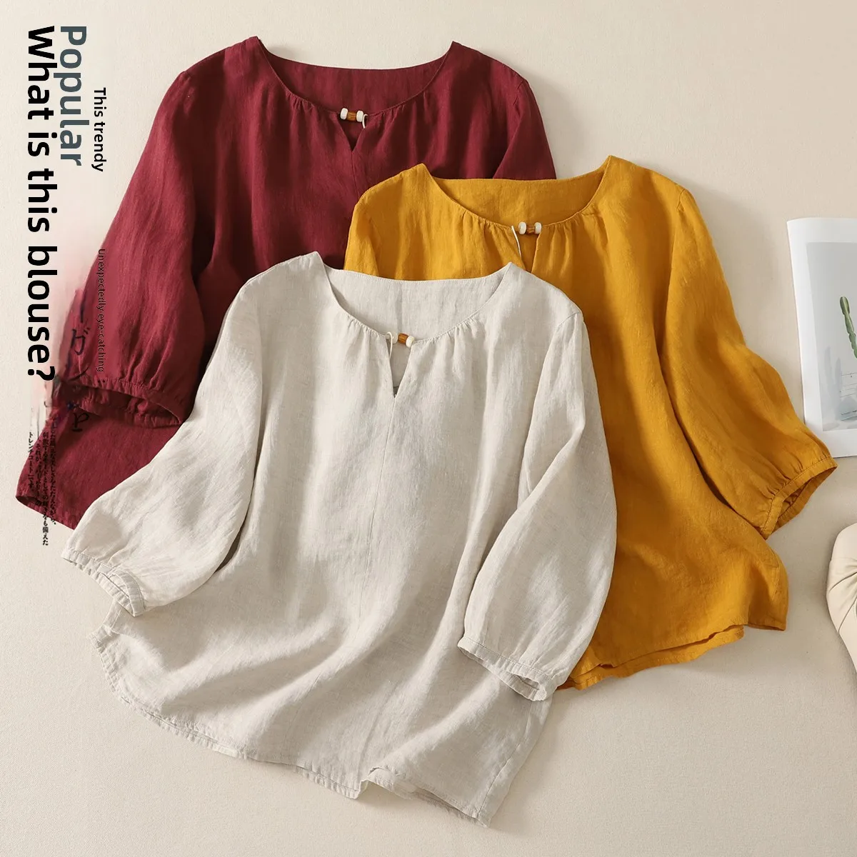 

Summer 2026 Women's Loose Cotton Linen Shirt round Neck Beaded Decoration Middle Sleeve Artistic Retro Style Fashion Top