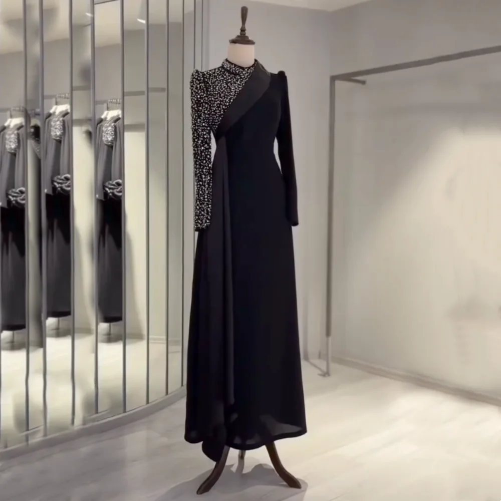 

Черные длинные платья трапециевидной формы из шифона и бисера по индивидуальному заказу, женское роскошное вечернее блестящее вечернее платье на заказ