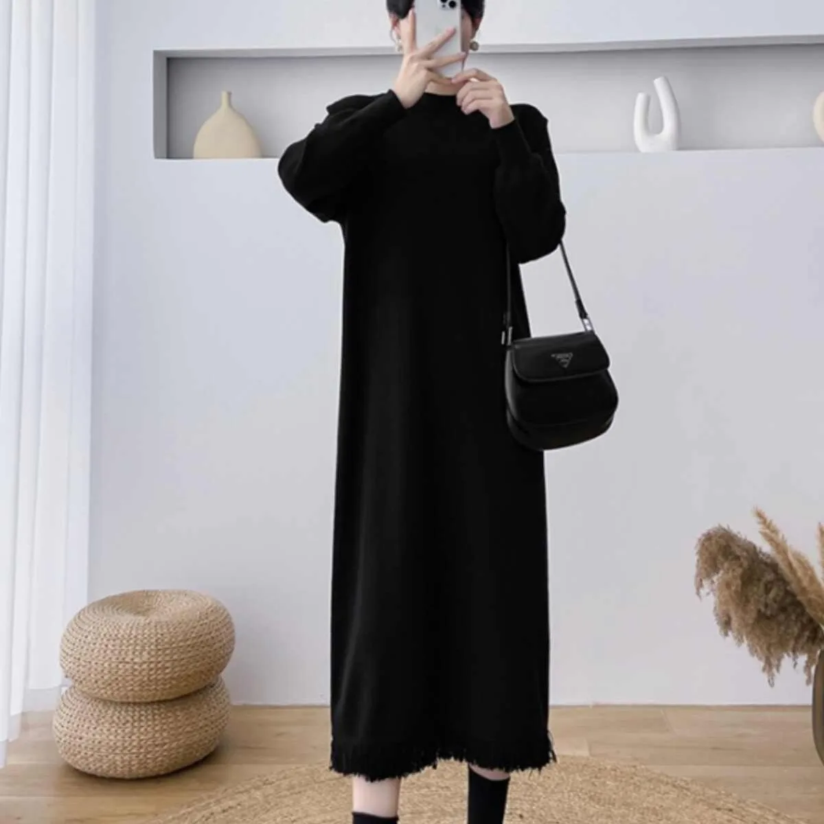 فساتين للنساء جديدة بأكمام طويلة ورقبة وهمية فستان نسائي أسود محبوك بشراشيب فستان مستقيم للنساء Vestidos De Verano Mujer Q1568 #6