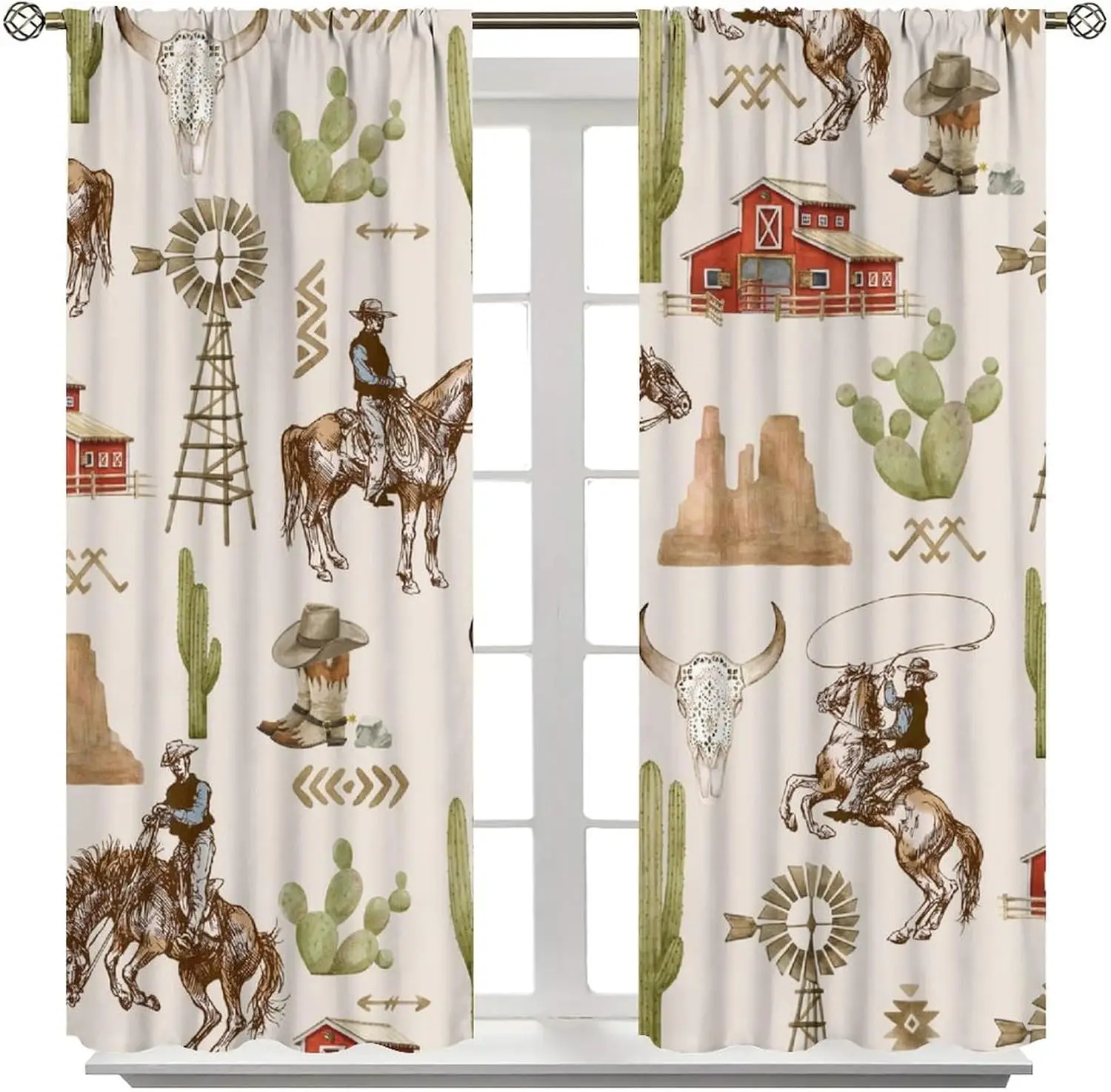 Cowboy Curtains, Cartoon Watercolour Western Desert Cactus Windmill Horse Window Drapes for Kids Boys Bedroom Decor