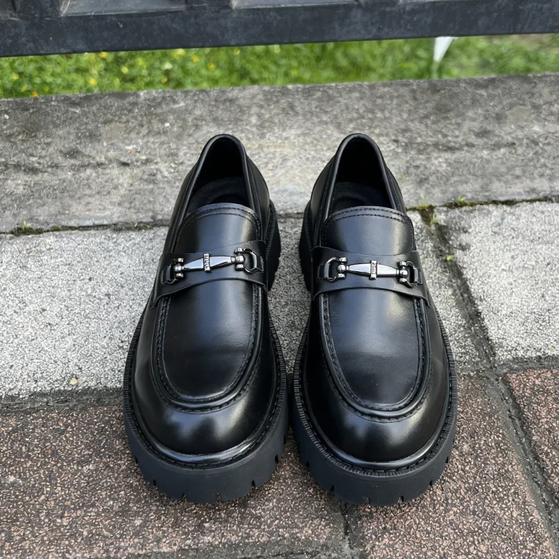 Thick Heel Platform Leather Shoes Designer Metal Decoration All Match Runway Casual Single Shoes Large Size Men's Loafers Shoes
