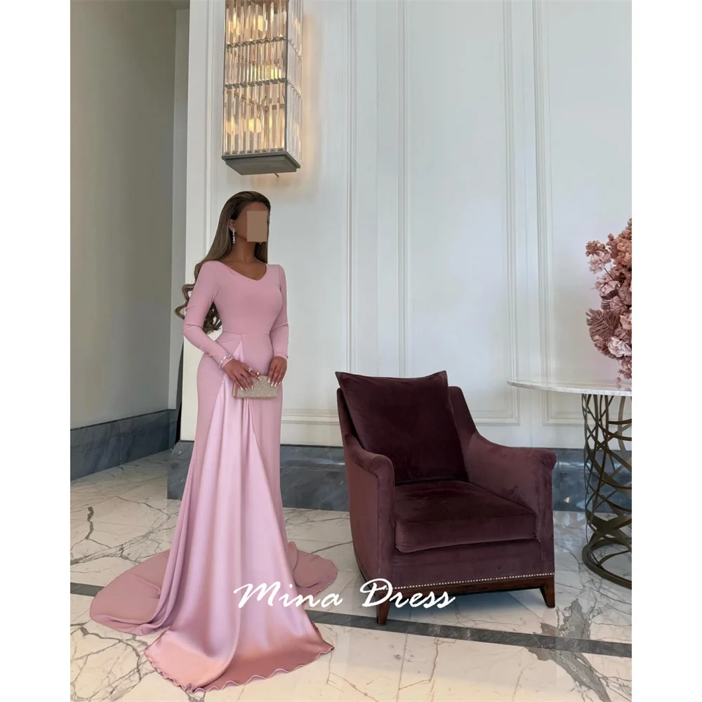 

Mina Customized Arabic Long Sleeves Elegant Party Dresses Woman V-neck Tail Dresses for Special Occasions Evening Dress Prom