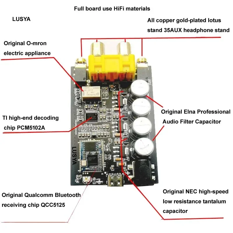 Lusya Bluetooth QCC5125 APTX-HD DSP PCM5102A DAC 32bit 384kHz modulo ricevitore adattatore Lossless con custodia uscita RCA AUX