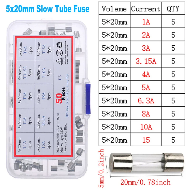 50Pcs 10Models x 5pcs 5x20mm T1A-T15A Slow Blow Glass Tube Fuse Assorted Kit