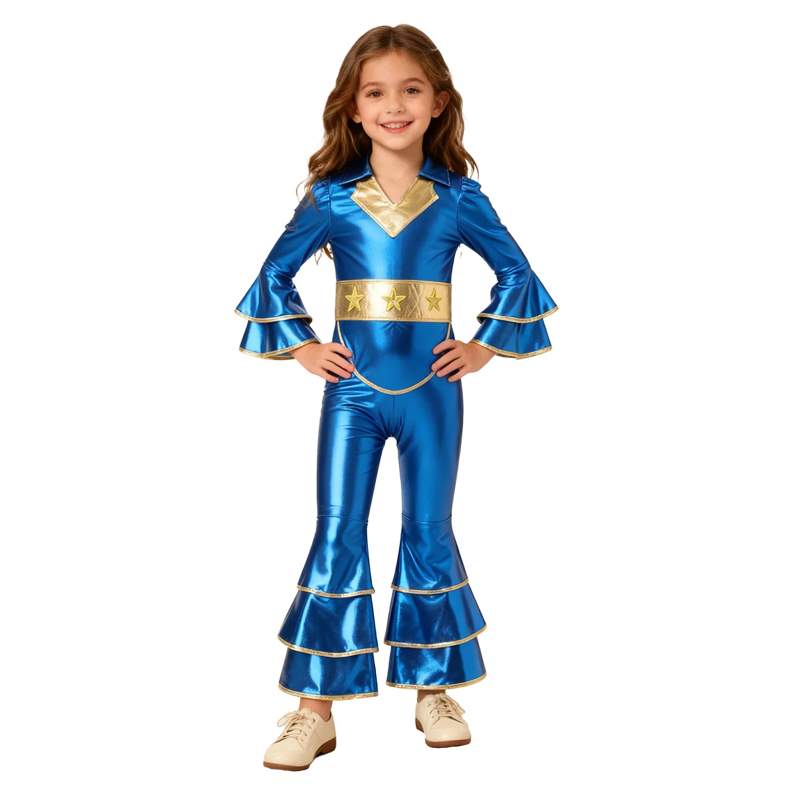 

Kids Halloween Disco Jazz Dance Performance Jumpsuit Metallic Long Sleeve Flare Cuffs And Opening Legs with Waist Belt Bodysuits
