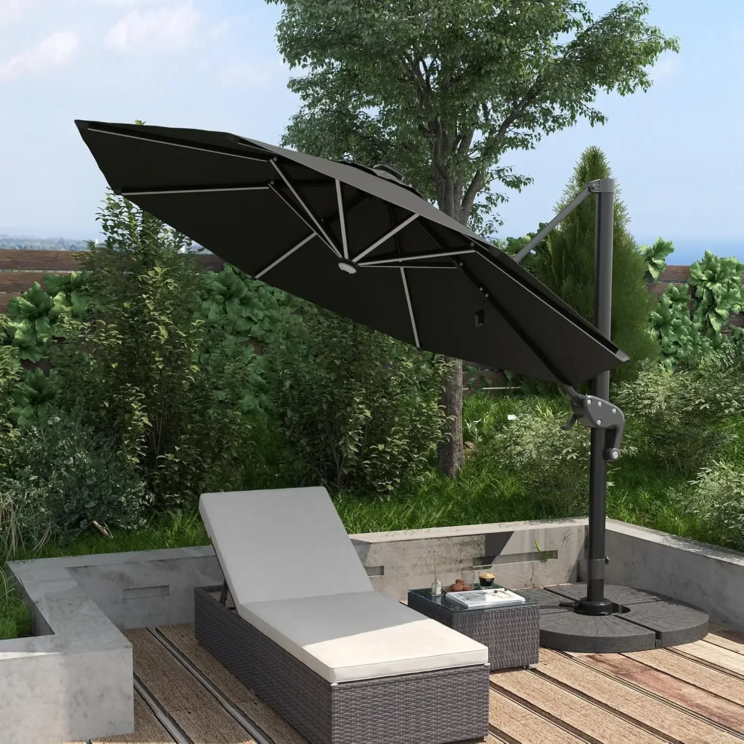 l L 10ft Solar LED Cantilever Patio Umbrella, Aluminum Hanging Offset Umbrella Outdoor Sun Shade With 360 Degree Rotation, Ligh