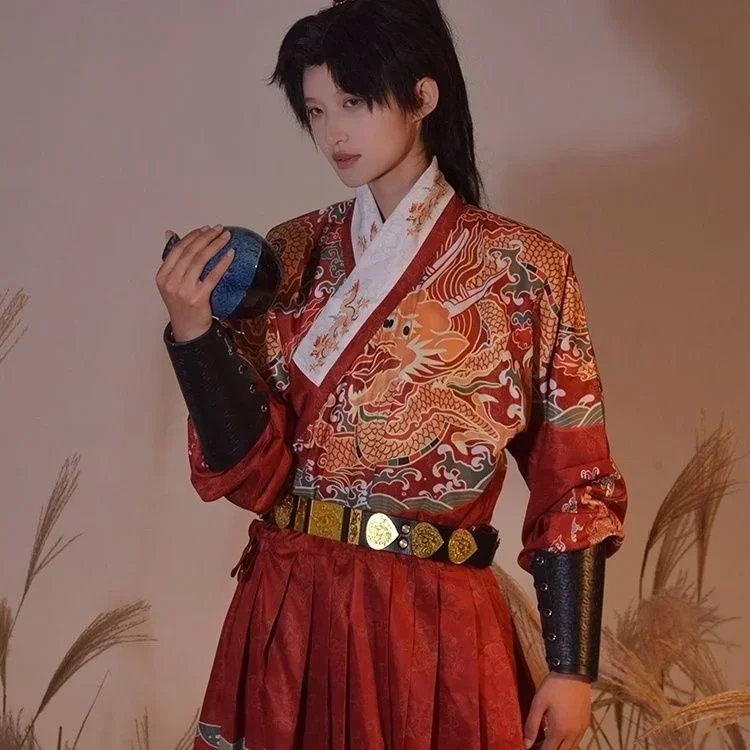 

Ancient Chinese Hanfu Costume Mens Top Skirt Belt Set Samurai Costume Robe Hanbok Martial Arts Dragon Printing Flying Fish Suit