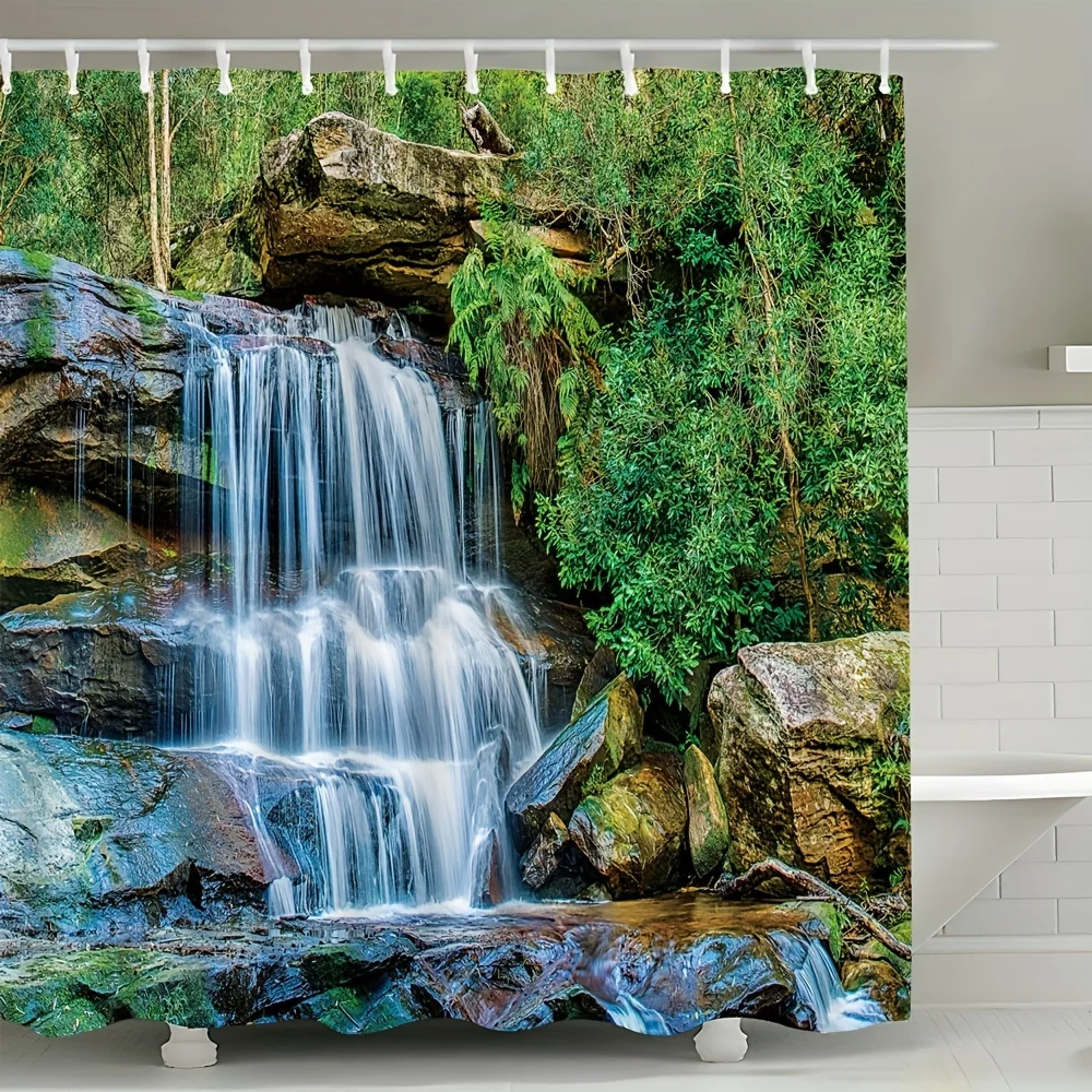 

Летний пейзаж первобытного леса с камнями, текущим ручьем, лианами и зелеными растениями, узор для украшения ванной комнаты с крючками.