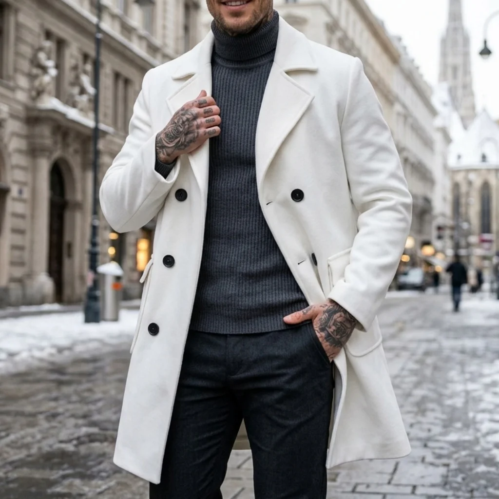 

New Winter Men's Double-Breasted Knee-Length Trench Coat Multi-Pockets Garib Streetwear Business Casual Casual Outdoor Jacket
