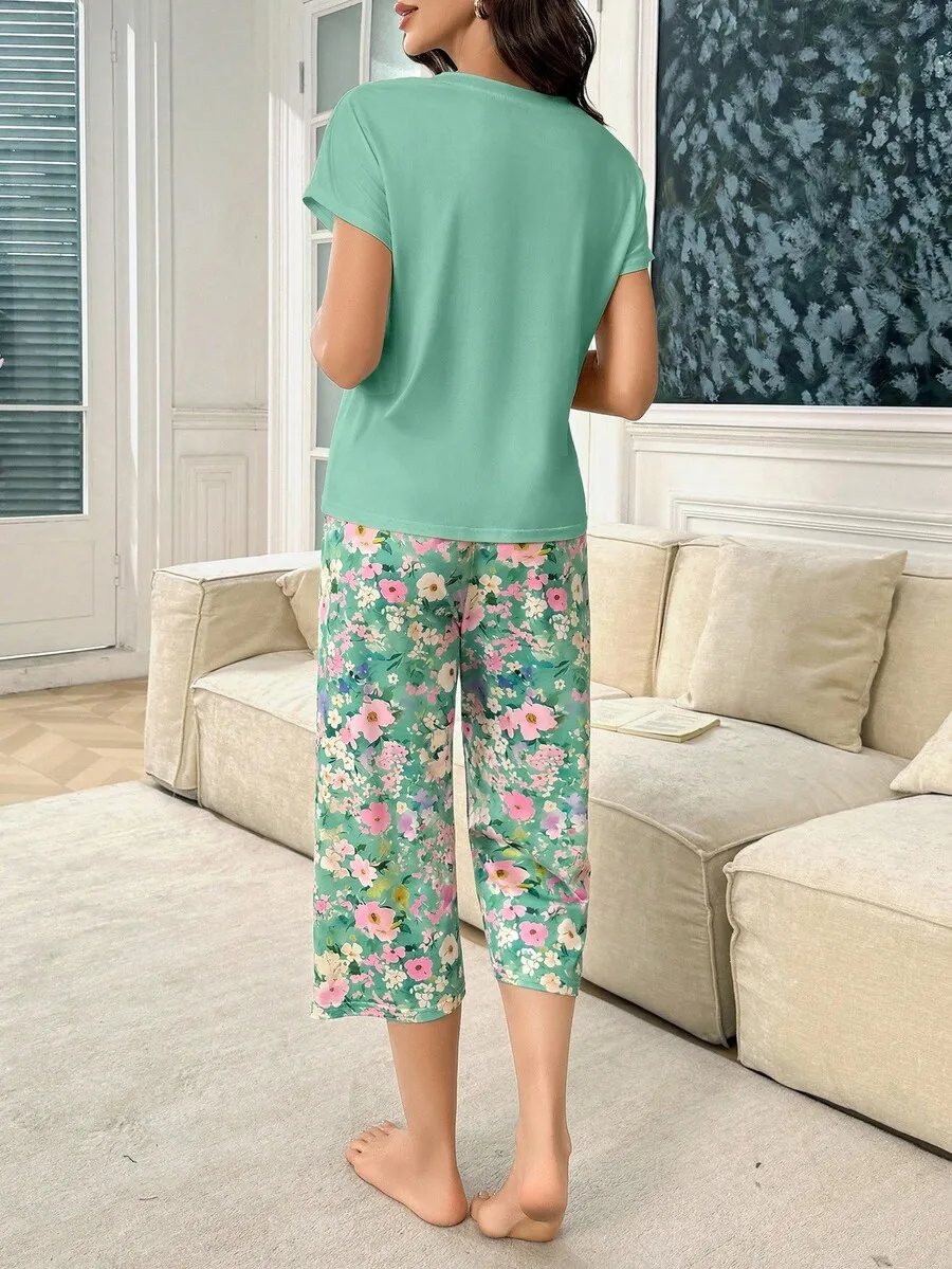 Floral Print Short Sleeve Capri Pajama Set Women Summer Comfortable Sleepwear