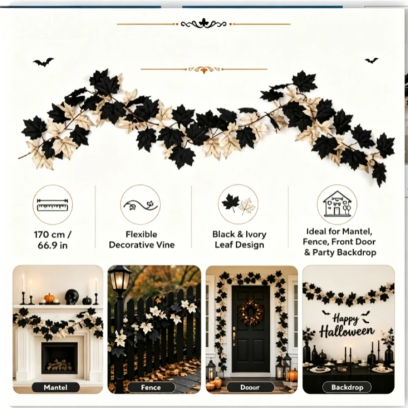 Artificial Vine Black Maple Leaf Autumn Outdoor Decoration Green Plants Halloween Wall Hanging Simulation Maple Leaf Vine