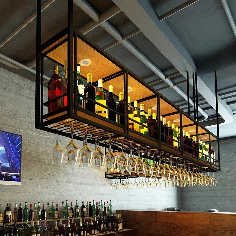 

-Industrial Wind Bar Wrought Iron Wine Rack Wall Hanging Bar Hanger Upside Down Wine Glass Rack Hanging Shelf Wine Cabinet