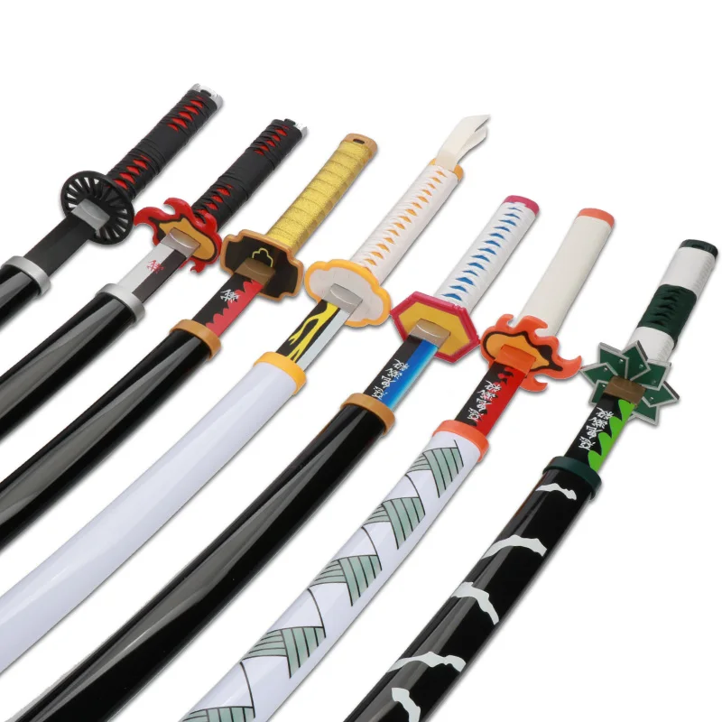 80cm/31.5" Demon Slayer Katana Fire God Tanjiro Role-playing Bamboo Toy Sword Black and Silver Blade Kyoujurou Shinobu White