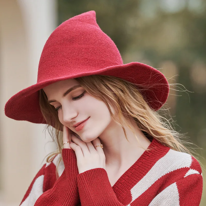 Red Halloween Knitted Hat For Women Girls Witch Hat Autumn and Winter Thicken Warm Wool Cap Foldable Female Magic Christmas Cap