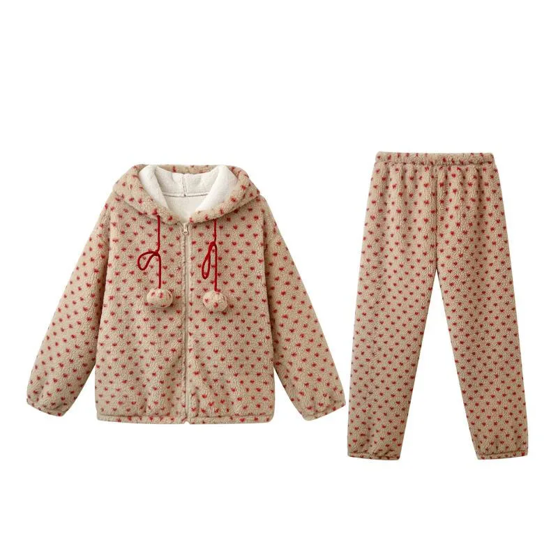 Thicken Flannel Pajamas Set Red Polka Dot Women 2 Pcs Shirt&pants Thick Homewear Winter Warm Coral Fleece Loungewear Sleepwear