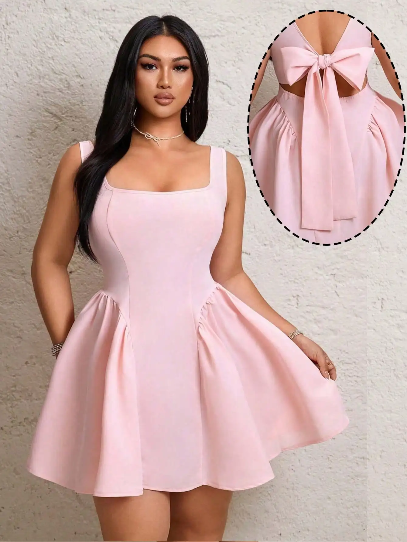 

Pink Square Neck Backless Bow Mini Dress with Flared Skirt