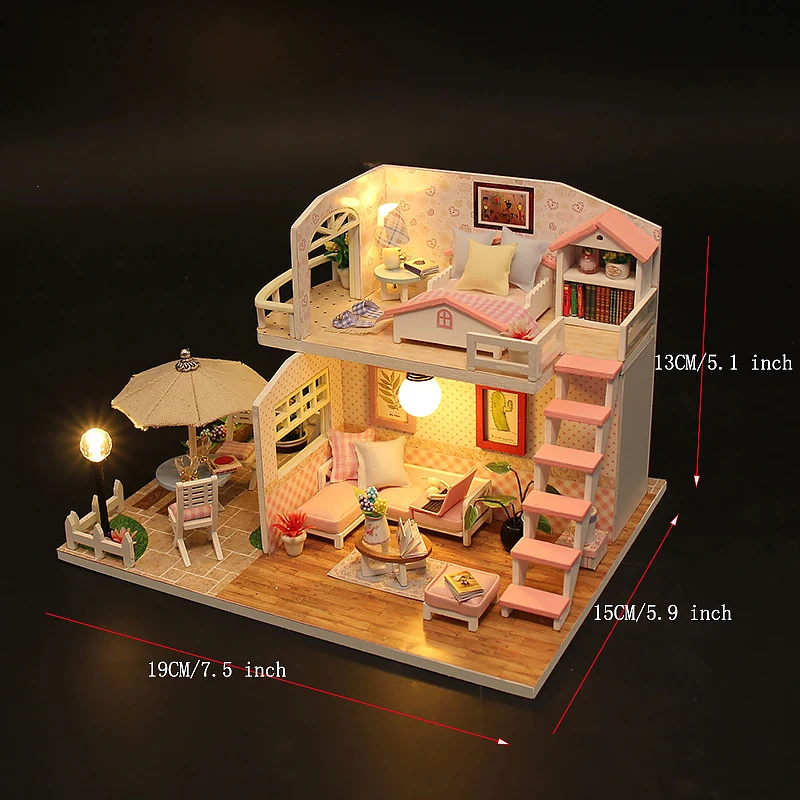 Exquisite Wooden Miniature House with LED Lighting Home & Desktop Decoration Creative Gift