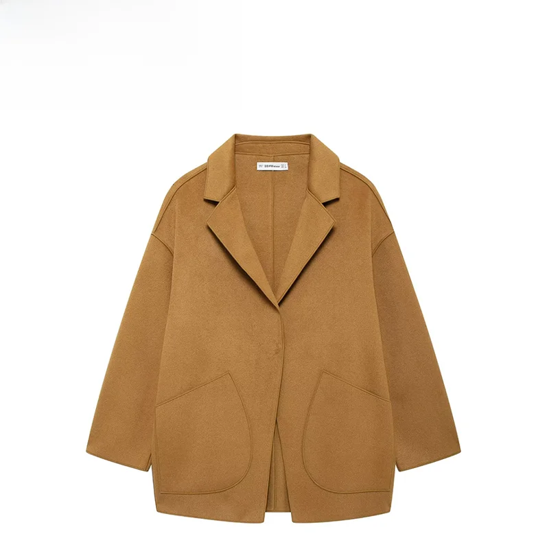 

Faionable Double-Sided Woolen Coat Simple Sli ZR Autumn New Arrival Women's Poly Fiber Long Sve Outerwear
