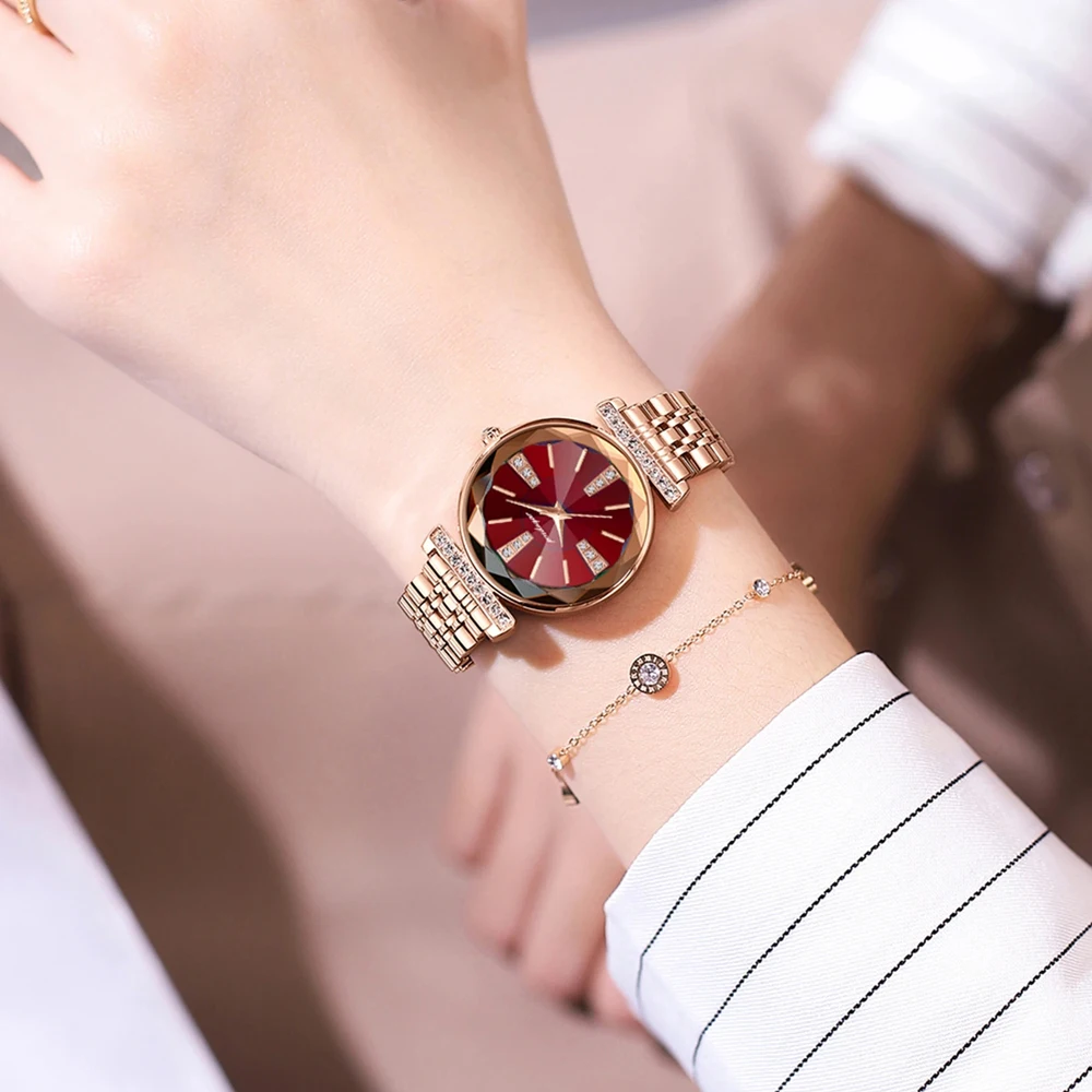 POEDAGAR 여성용 다이아몬드 시계, 로즈 골드 스테인레스 스틸 스트랩, 방수 패션 쿼츠 시계, 최고 브랜드 럭셔리, 신제품
