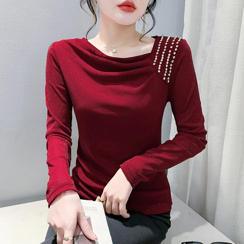 Black Korean Style Fall Winter Mesh T-Shirt Chic Sexy Draped Shiny Diamonds Women Tops Long Sleeve Elastic Tees 2024 New 491702