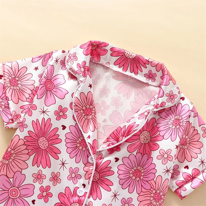 Pijamas de manga corta para niñas, camisa con estampado de flores, cuello vuelto, Tops, pantalones cortos de cintura elástica, traje de verano, Pjs de seda