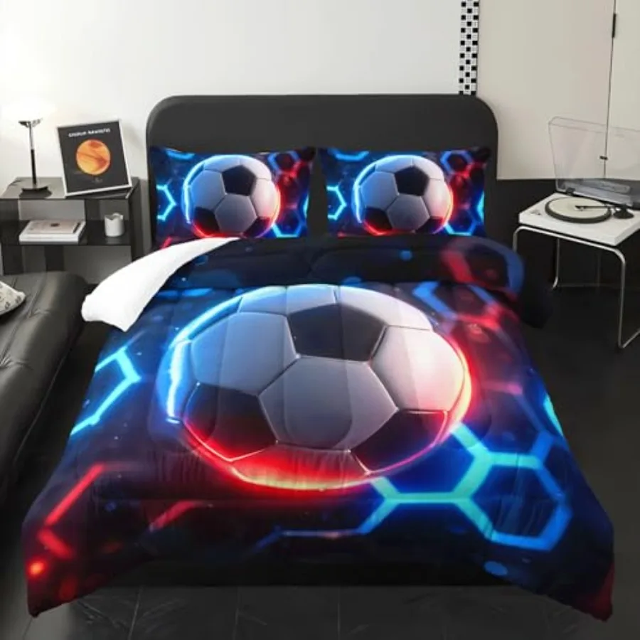 

Colorful Soccer Printed Comforter 3Pcs Neon Light Shining Soccer Bedding Set for Kid Teen Girl Boy Adult Sport Game Football Ge