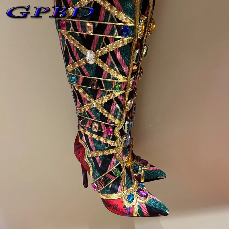 GPBD Designer Handmade Crystal High Tube Women's Boots Best Quality Roman Fashion High Heels Party Women's Shoes Banquet Sexy