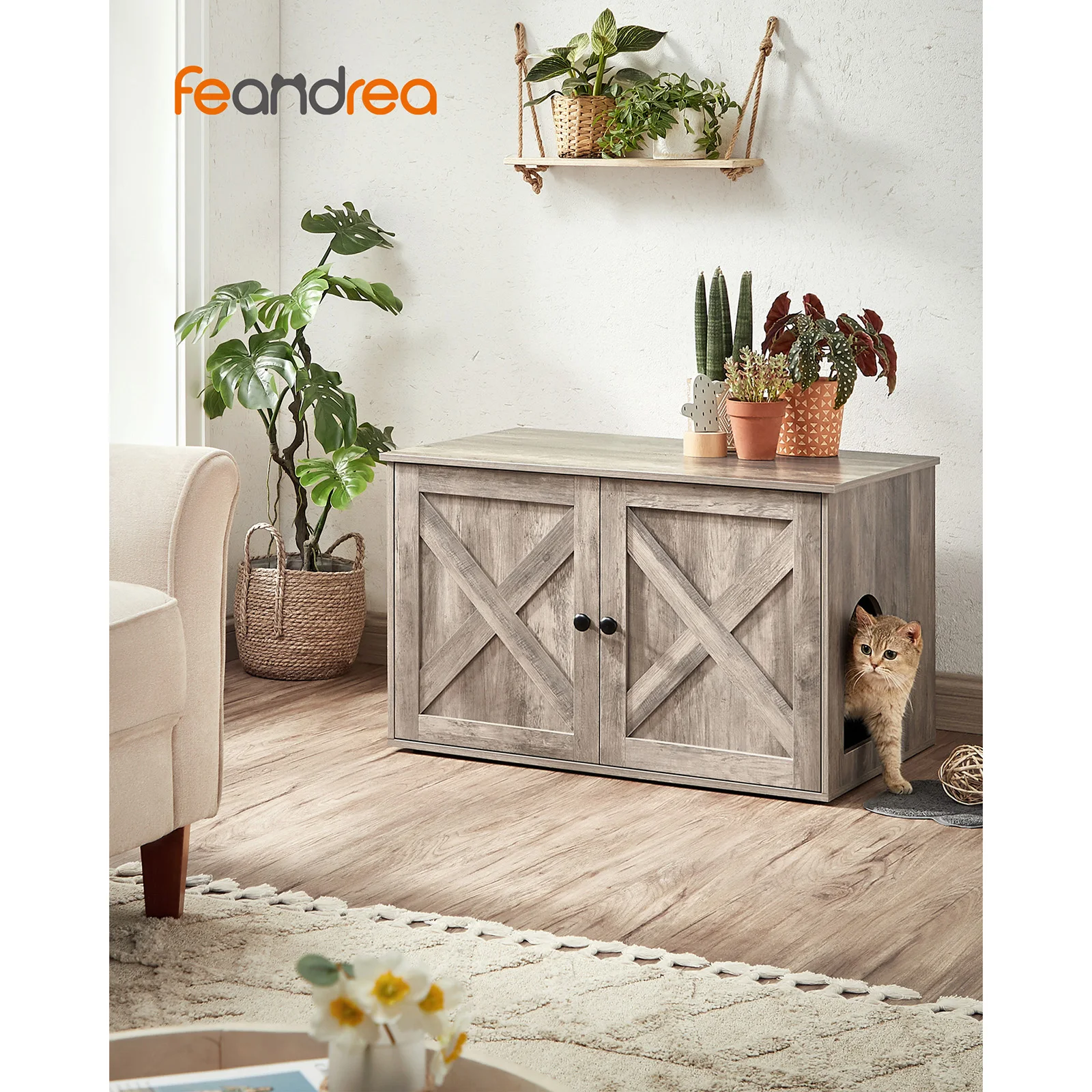 Feandrea Cat Litter Box Enclosure: Hidden Furniture with Removable Divider, End Table, Indoor Cat House, 80x53x50cm