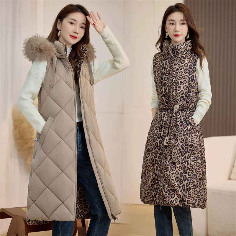 

Двусторонний хлопковый жилет, женское длинное пальто, новинка 2023 года, осенне-зимняя куртка без рукавов, съемная кепка, хлопковый жилет Chaleco Mujer