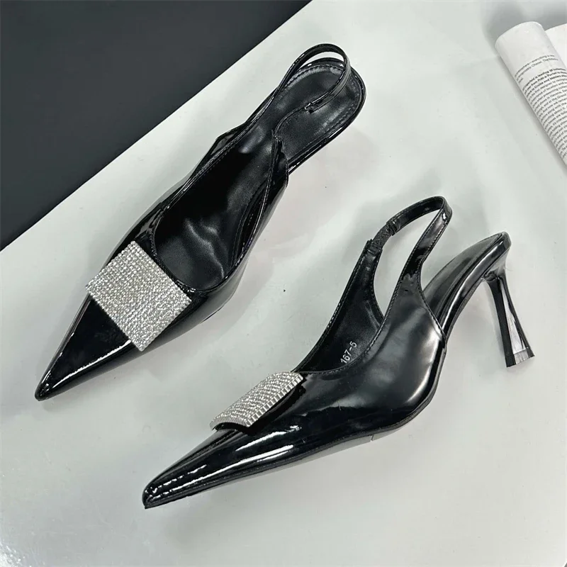 Eilyken Sexy Square Button Crystal Women Pumps Thin Heels Pointed Toe Sandals Slingback Mules Ladies Shoes