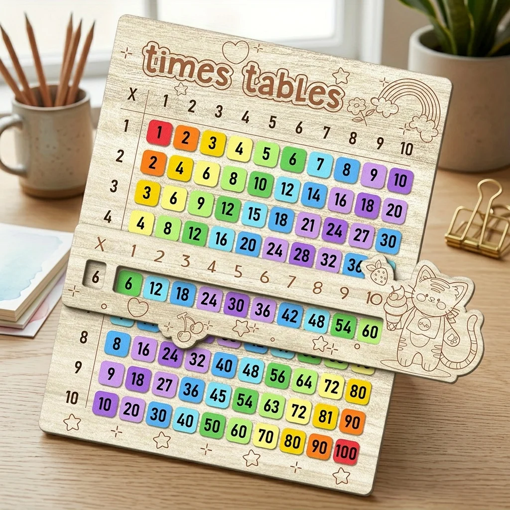1 Set Cat-Shaped Sliding Board Multiplication Table Math Learning Tool - Wooden Multiplication Table with Sliding Mechanism