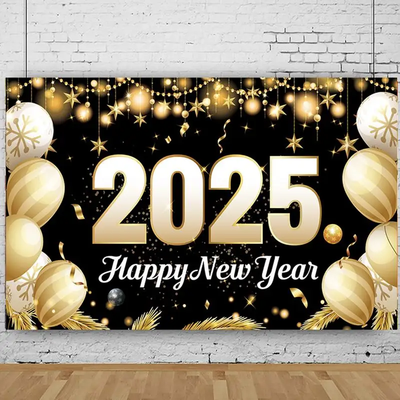 New Year Eve Backdrop Decorations 2025 Banner Black And Gold Balloon Theme 70 X43 Inches New Year Parties Decoration