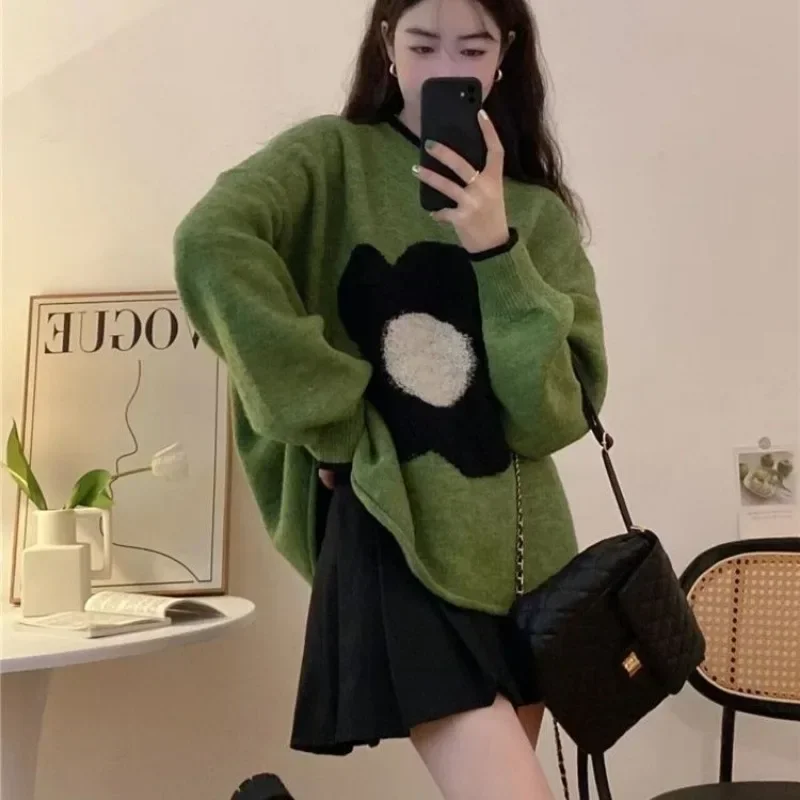 Kimotimo Flower Jacquard Knitted Sweaters Women Autumn Winter Contrast O-neck Loose Pullovers Korean Design Sweet Pull Top