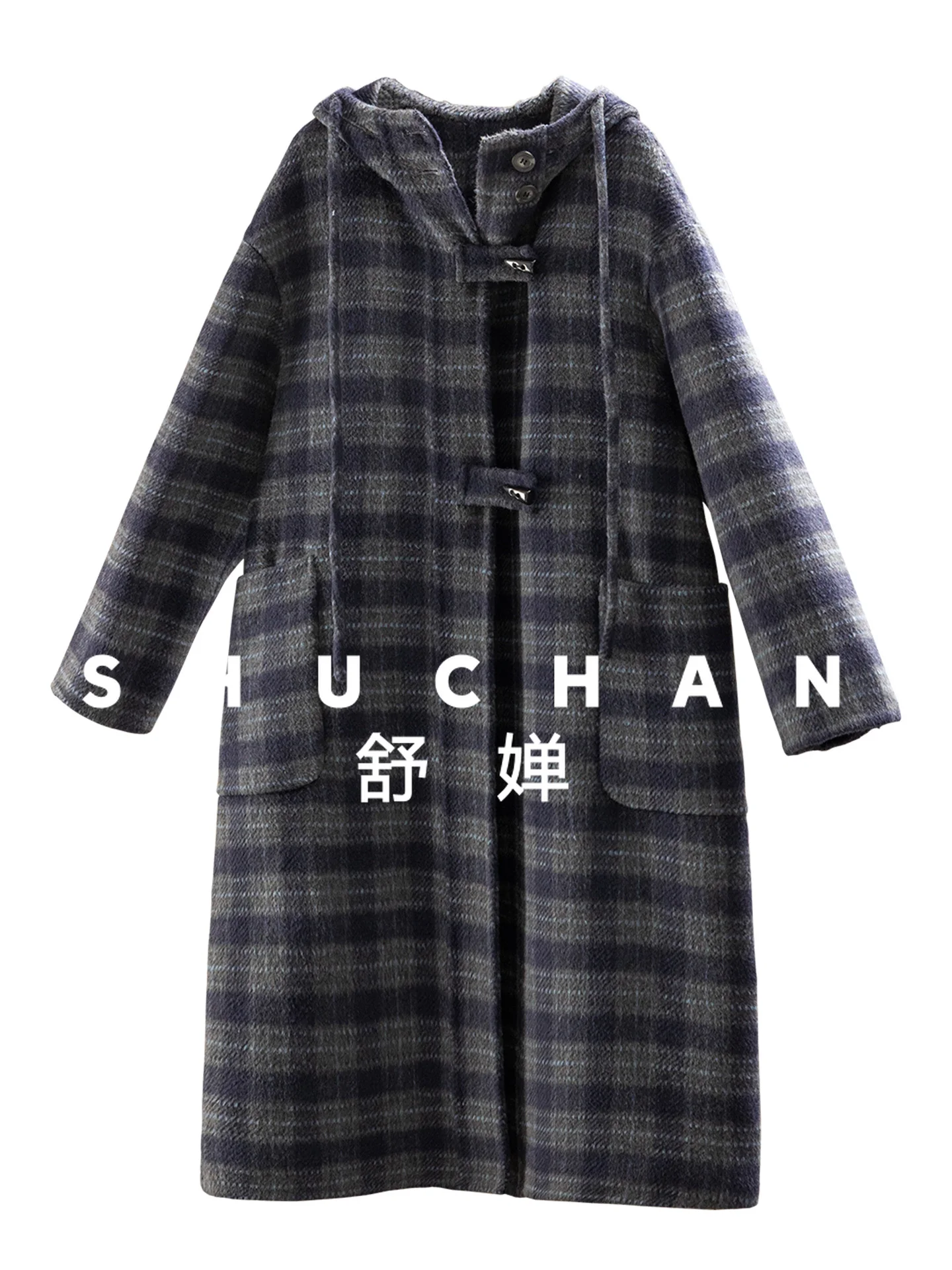 

Collegiate style French with wool plaid double-sided tweed hooded midi coat female 34I4 coats and jackets women