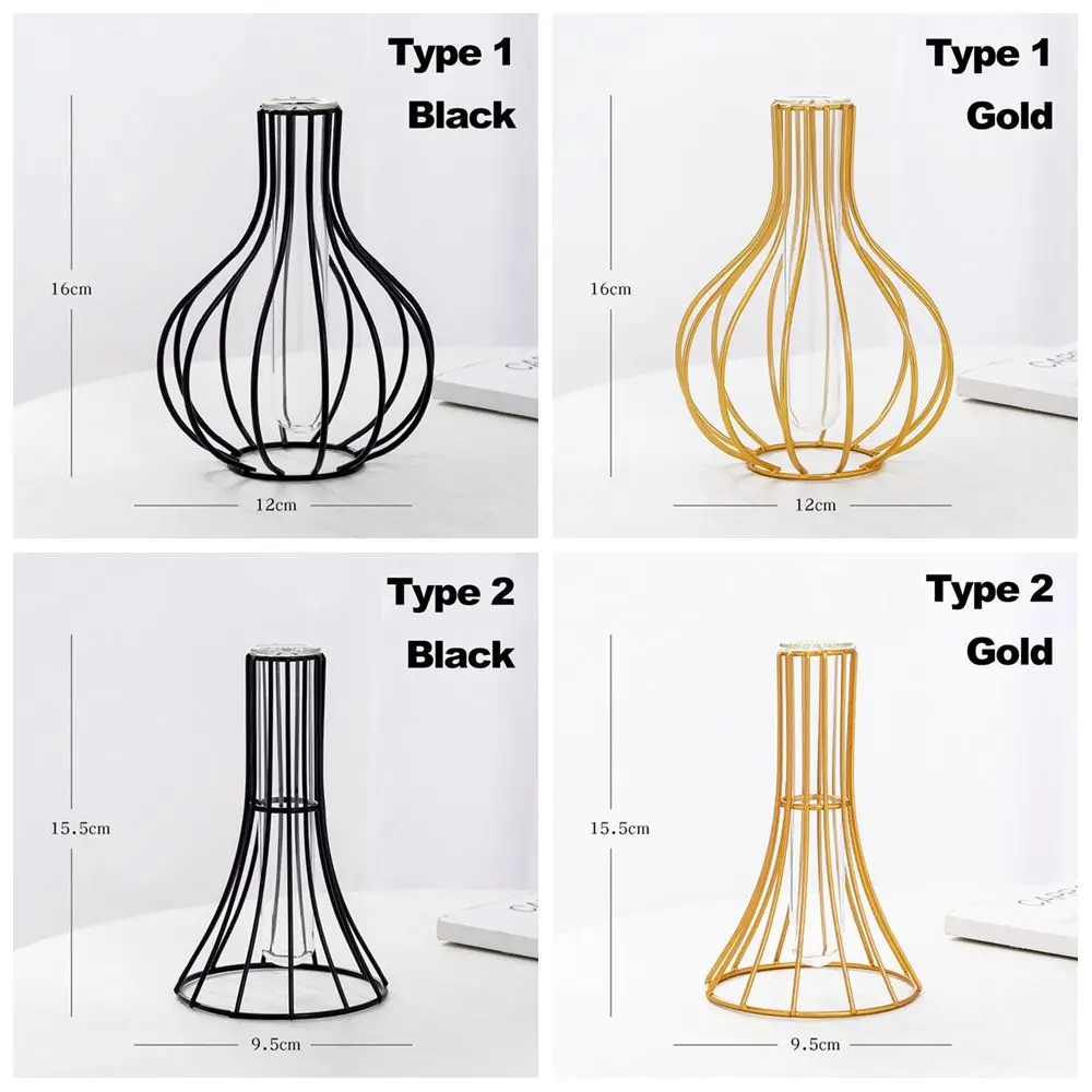 Retro Iron Art Vase Nordic Wrought Iron Glass Vase Black Gold Colors Hydroponic Flower Vase Geometric Line Frame Home Decoration