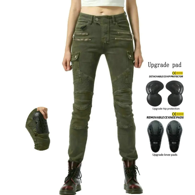 Female Motorcycle Riding Jeans Loong Biker Motocross Protection Trousers Slim Fashion Casual Cycling Pants For Girls Green