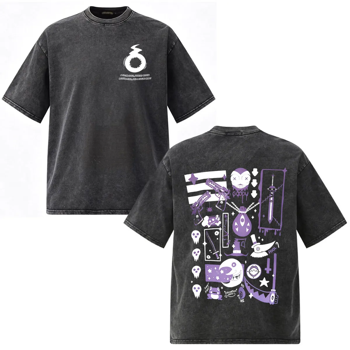 Vintage Washed Anime Soul Eater Grafik T-Shirts für Männer und Frauen Kleidung Cosplay Mode Harajuku Übergroße Kurzarm-T-Shirts