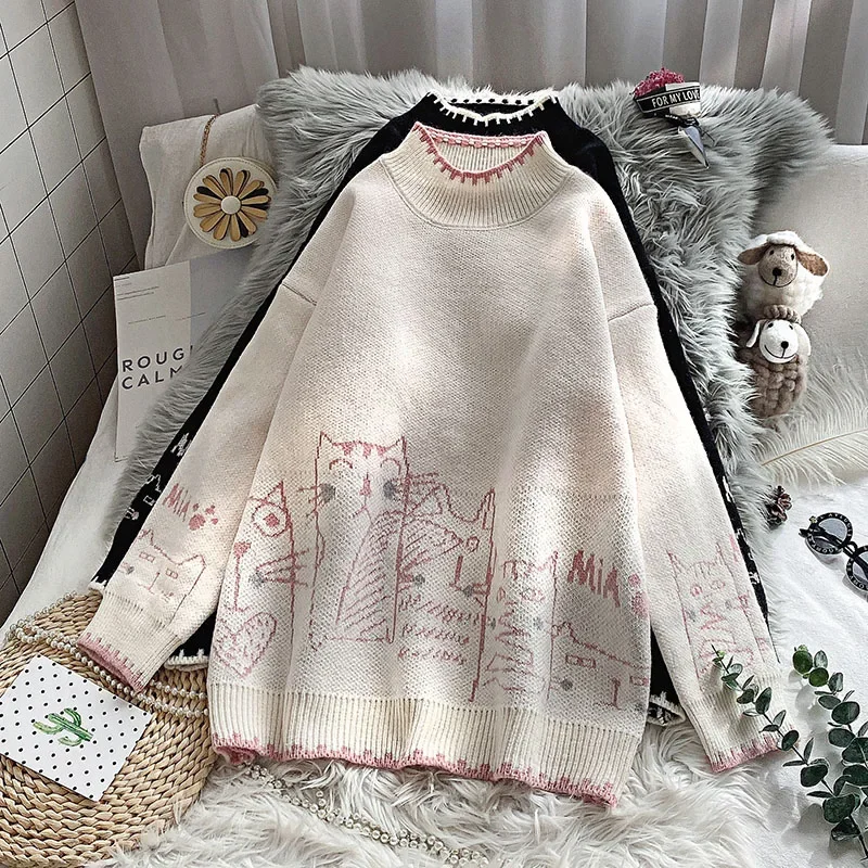 Korobov Women Sweaters Winter Thick Cartoon Knitted Jacquard Pullovers Female O Neck Long Sleve Preppy Style Sueter Mujer