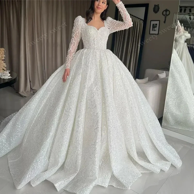 Luxuriöses Hochzeitskleid, vollständig mit Perlen besetzt, Pailletten, Prinzessin, Ballkleid, volle Ärmel, V-Ausschnitt, individuelles Brautkleid, Knopfleiste, Vestido De Novia
