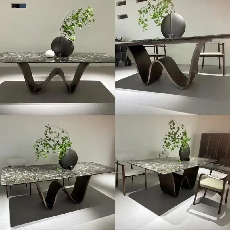 Italian Simple Luxury Stone Marble Dining Table Modern Stainless Steel Small Rectangular Light Luxury Restaurant Furniture